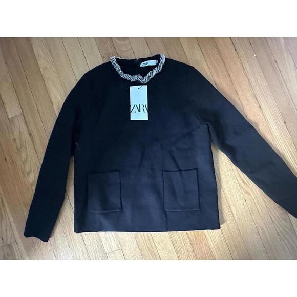 Zara Black JEWEL NECK KNIT SWEATER NWT Medium M - Picture 1 of 3